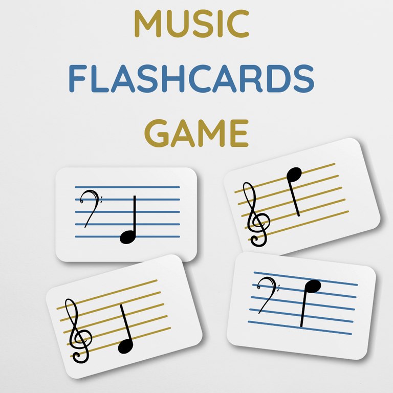 Music Flashcards Game: note flashcards showing treble and bass clef notes